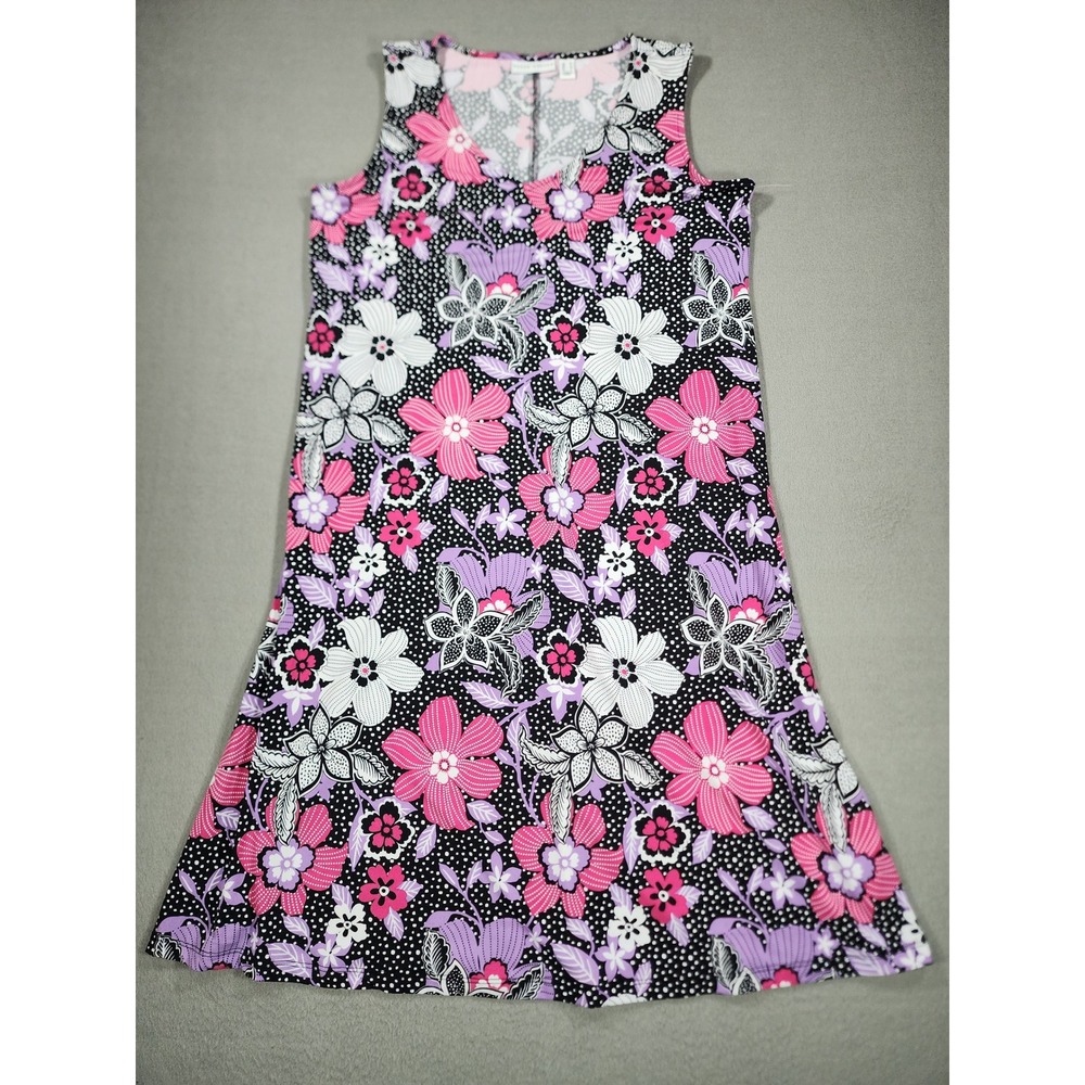 Susan Graver Liquid Knit Sleeveless Knee Length Pink Black Floral Dot Dress Med